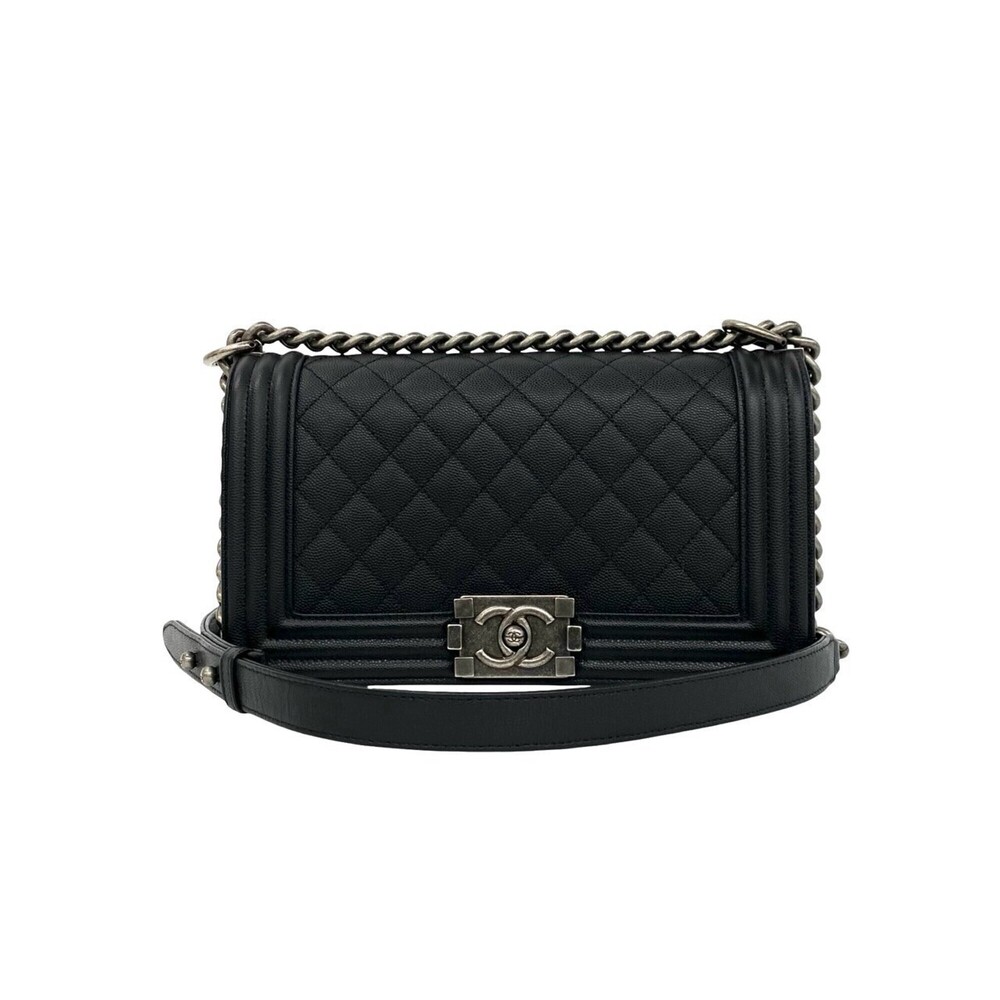 CHANEL Boy Chanel Coco Mark Caviar Skin Chain Shoulder Bag Black 37215